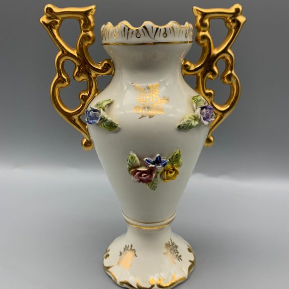 Vintage Elpa Alcobaca Gold Trimmed Floral Bud Vase Made in Portugal 6" High - Picture 2 of 13